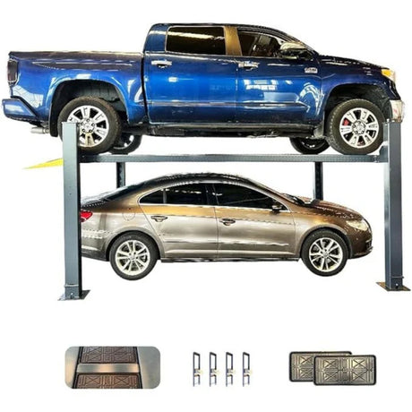 A blue pickup truck is elevated on the top level of the car lift at its maximum height of 70.87 inches, with a silver sedan parked underneath
