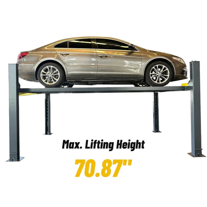 A silver sedan on the Katool 4-post car lift, with a graphic noting its 70.87-inch maximum lifting height