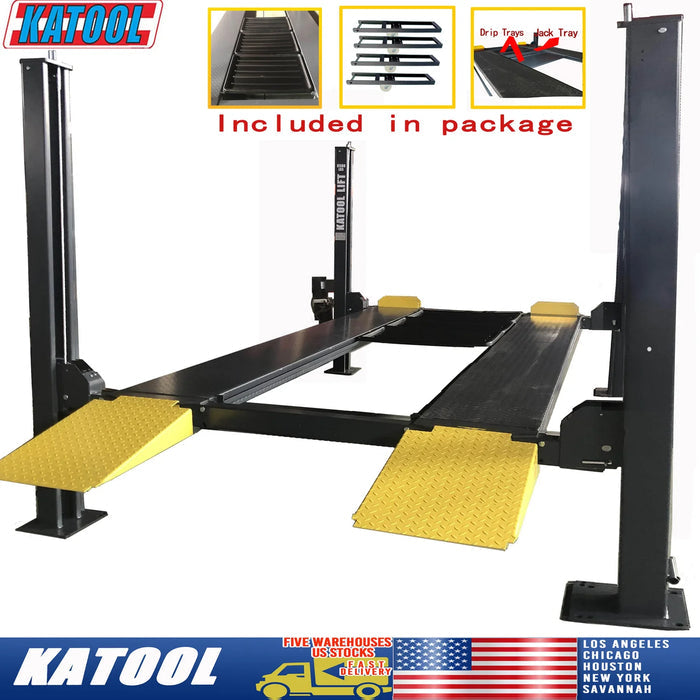The Katool 4-post car lift with an included-in-package graphic showing the ramps and other accessories