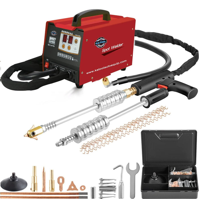 The red Katool Body Spot Welder & Dent Puller 90E is a compact, wheeled machine designed for professional auto body repair. The welder is shown with its various tools and accessories, highlighting its comprehensive dent-pulling and spot-welding capabilities.