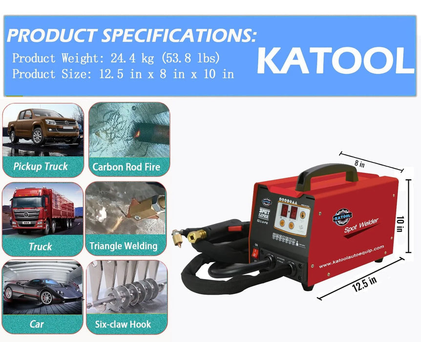 A red Katool 90E Spot Welder with a handle, hoses, and a control panel. Overlay text shows product specifications, including a product weight of 53.8 lbs and dimensions of 12.5 inches x 8 inches x 10 inches. The image also illustrates its use on pickup trucks, trucks, and cars.