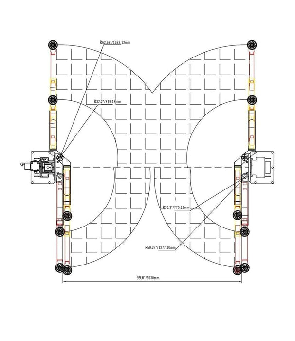 A detailed engineering schematic of the Katool AS110D 2-post car lift, showing the top-down view with full dimensions and measurements for the adjustable arms and overall footprint
