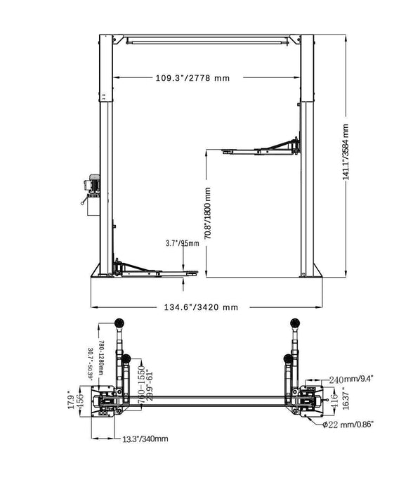 A detailed engineering schematic of the Katool AS110D 2-post car lift, showing a side view with measurements for the overall height, maximum lifting height, and overall length