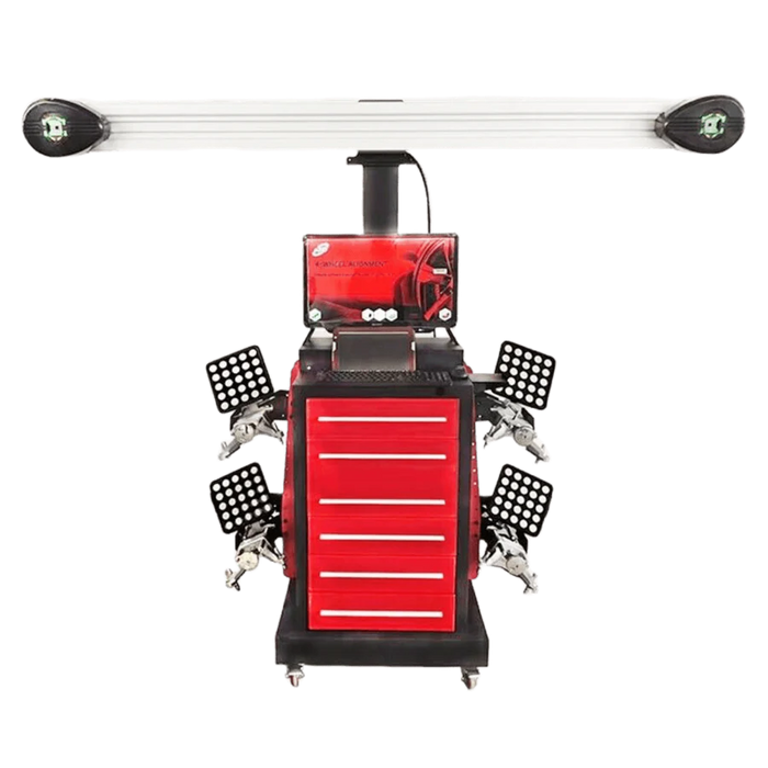 A front view of the red and black Katool KT-AV651 3D wheel aligner on a transparent background, showing the main camera unit, cabinet, and four wheel targets.