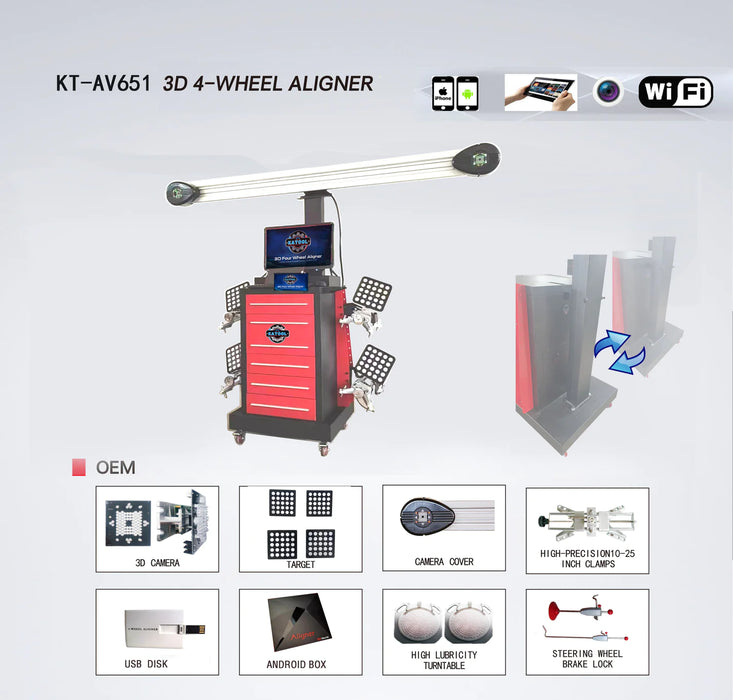 The KT-AV651 3D wheel aligner is shown in a professional diagram, with text overlays pointing to OEM accessories like the 3D camera, USB disk, Android box, and clamps. Other icons indicate Wi-Fi and smartphone/tablet compatibility.