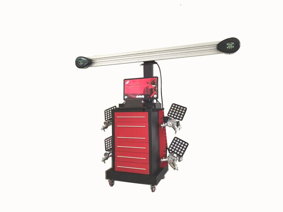 An angled front view of the red and black Katool KT-AV651 3D wheel aligner, showcasing the mobile cart design with wheels, camera bar, and the four target plates.