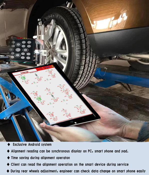 A technician holds a tablet displaying real-time alignment data from the Katool KT-AV651 3D wheel aligner while a car is on a lift in the background. The text highlights the exclusive Android system and synchronous display.