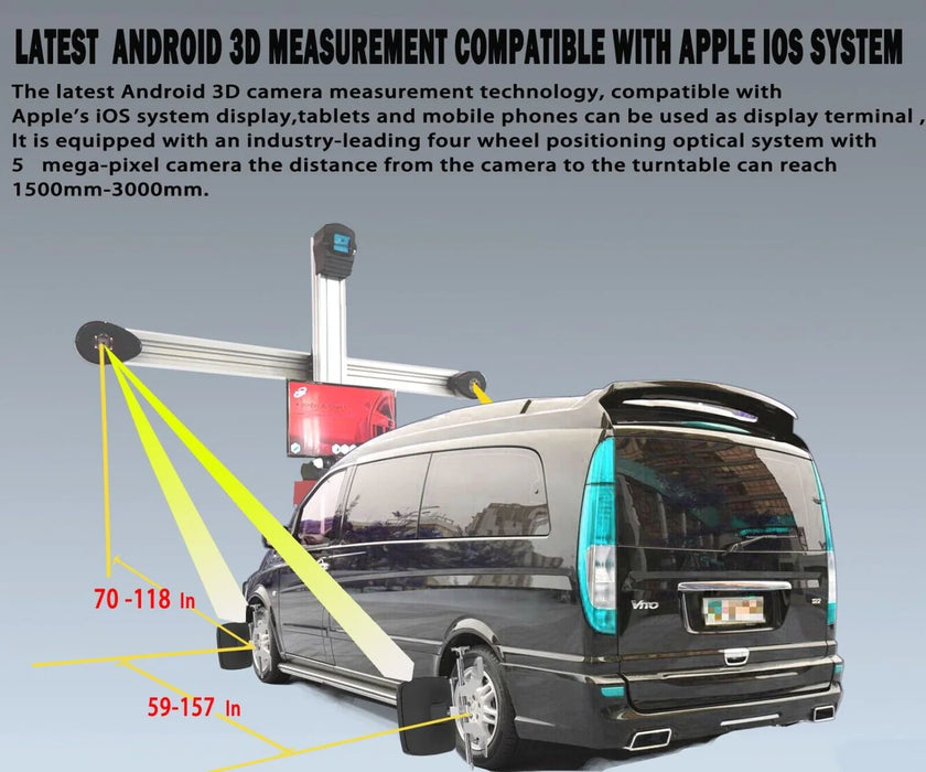 A professional diagram of the Katool KT-AV9 3D wheel aligner shows the system aligning a van. The text overlay describes its Android 3D measurement technology and compatibility with the Apple iOS system, with a 5-megapixel camera that can measure distances from 1500mm-3000mm.
