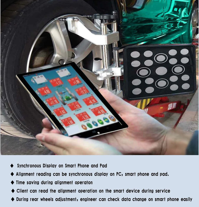 A technician holds a tablet displaying real-time alignment data from the Katool KT-AV9 3D wheel aligner with a car's wheel and a sensor in the background. The text highlights the synchronous display on smartphones and pads, which allows for easy monitoring of alignment readings and data changes.