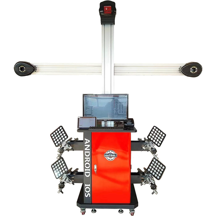 A front view of the red and black Katool KT-AV9 3D wheel aligner on a white background, showing the main camera unit with a silver frame, a red cabinet, and four wheel targets. The cabinet is labeled with "ANDROID IOS."
