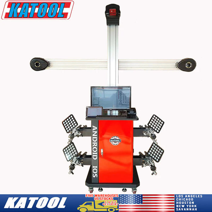 The front view of the Katool KT-AV9 3D wheel aligner on a white background, with text overlays showing "ANDROID IOS" on the red cabinet and mentioning the warehouse locations in the USA, including Los Angeles, Chicago, New York, and Savannah.