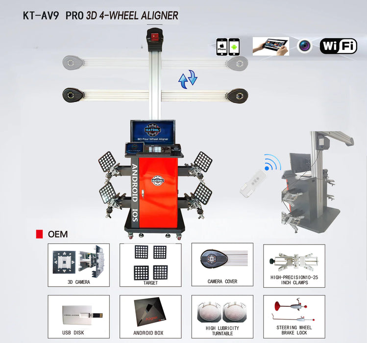 The Katool KT-AV9 3D wheel aligner is shown with a remote control and an inset diagram demonstrating the remote height adjustment feature for the camera bar. The image also lists its OEM features, including the 3D camera, USB disk, and Android box.