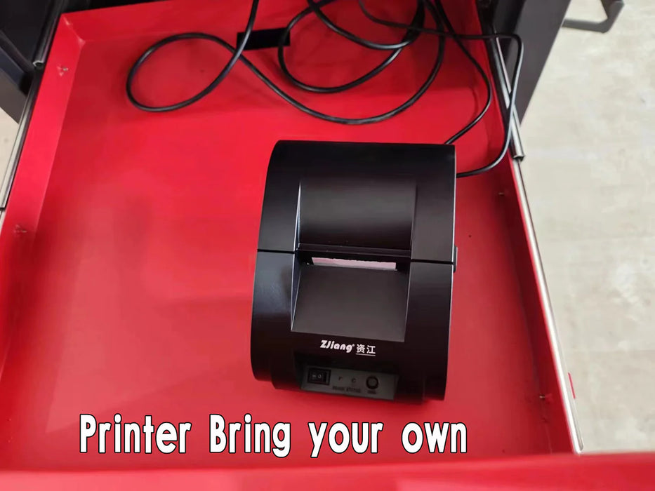 A close-up of a black printer on a red background in the storage drawer of the Katool KT-AV9 3D wheel aligner, with a text overlay that says, "Printer Bring your own."