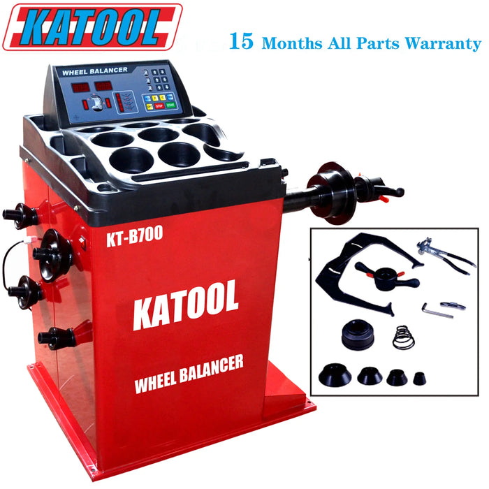 Red KATOOL KT-B700 wheel balancer machine with digital display, tool compartments, and accessories. Text above reads “15 Months All Parts Warranty.” Inset image shows included tools and parts.