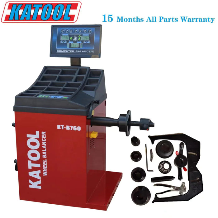 The Katool KT-B760 wheel balancer with "15 Months All Part Warranty" overlay text, showing the machine, the digital screen, and a tray of accessories including cones, calipers, and pliers.