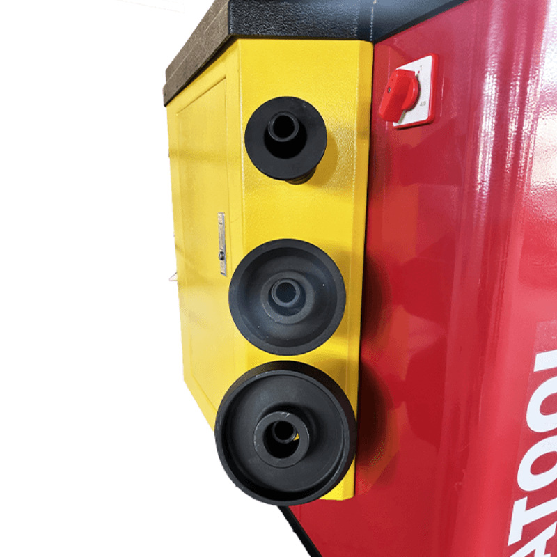 A focused view on the side of the Katool KT-B795L Heavy Duty Truck Wheel Balancer, highlighting the accessory tray and the durable power switch for easy access and organization.