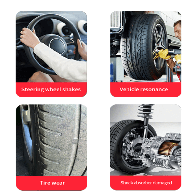 A composite graphic showcasing the problems that the Katool KT-B795L Heavy Duty Truck Wheel Balancer solves: a steering wheel shaking from a road view, uneven tire wear, a damaged shock absorber, and vehicle resonance.