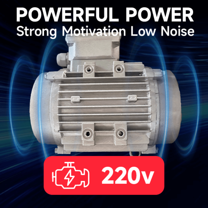 A close-up of the 220V motor inside the Katool KT-B795L Heavy Duty Truck Wheel Balancer, with a text overlay that highlights its "POWERFUL POWER" and "Low Noise" characteristics, indicating a quiet yet strong performance.