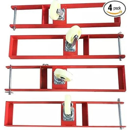 A top-down view of the Katool KT-CR2 Caster Kit, featuring four red, rectangular steel plates with adjustable locking casters mounted in the center
