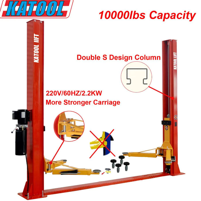A wide shot of the red Katool Vehicle Lift KT-H100 two-post with yellow lifting arms. The image includes text overlays highlighting key features: "10000lbs Capacity," "Double S Design Column," and "220V/60HZ/2.2KW More Stronger Carriage." An inset diagram shows the unique S-shaped cross-section of the columns
