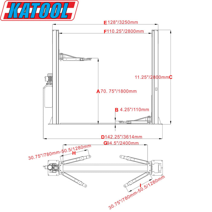 A technical line drawing of the vKatool KT-H100 Vehicle Lift from multiple angles (front, side, and top). The drawing includes detailed measurements in both inches and millimeters, showing the lift's dimensions and footprint