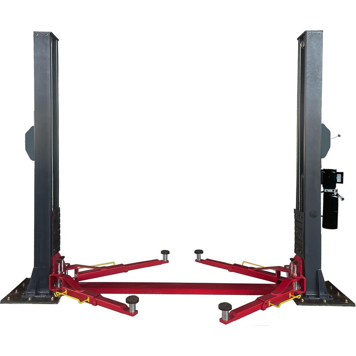 A wide-angle product shot of the Katool H120D 12,000 lb. Two Post Lift standing on a white background. The black columns and red symmetric arms are clearly visible, with the rubber door protection pads and screw-on pads placed beside the lift.