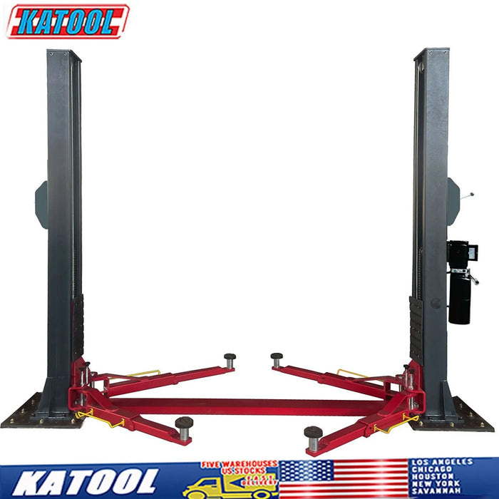 A front view of the Katool H120D 12,000 lb. Two Post Lift, showcasing its symmetric arm design and dual hydraulic chain-drive cylinders. The image also includes the "KATOOL" brand name and a graphic of the brand's US locations, including Los Angeles, Chicago, New York, and Shanghai.