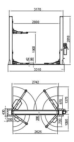 A technical diagram of the Katool H120D 12,000 lb. Two Post Lift, providing detailed measurements. The top view shows the column spacing and arm lengths, while the bottom view illustrates the base plate configuration and the symmetric arm design. The diagrams also include the overall height of 2818 mm.