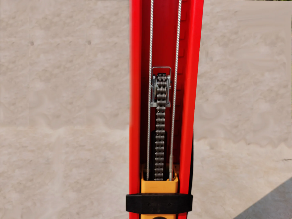 A detailed shot of the interior of the red lift column, showing the robust chain drive and safety lock ladder mechanism of the Katool KT-M110 lift.