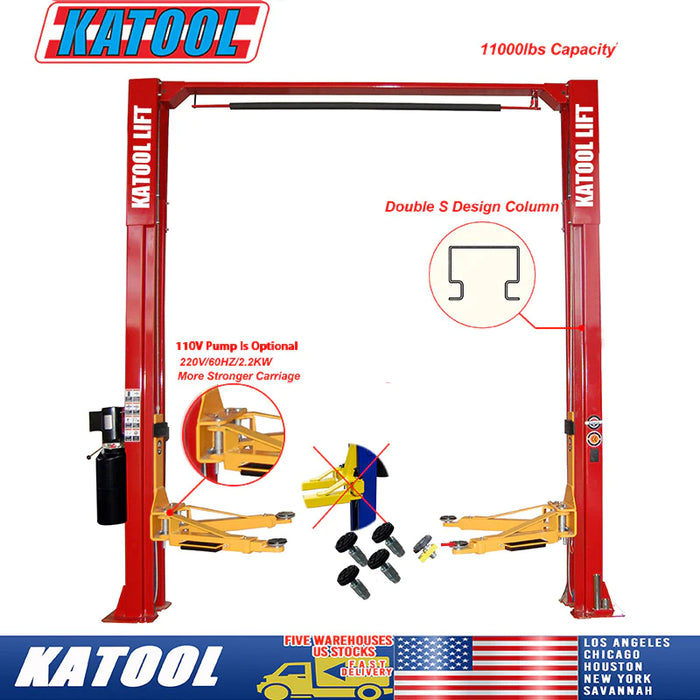 A red and yellow Katool KT-M110 2-post lift with "11000 lbs Capacity," "Double S Design Column," and "110V Pump is Optional 220V/60HZ/1PH Main Power" text overlays, and "KATTOOL" logo and US warehouse locations.