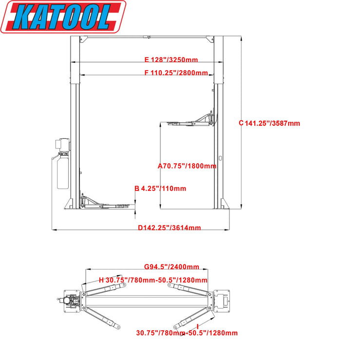 A detailed diagram of the Katool KT-M110 2-post lift, showing all major dimensions including overall height, overall width, and arm reach in both inches and millimeters.