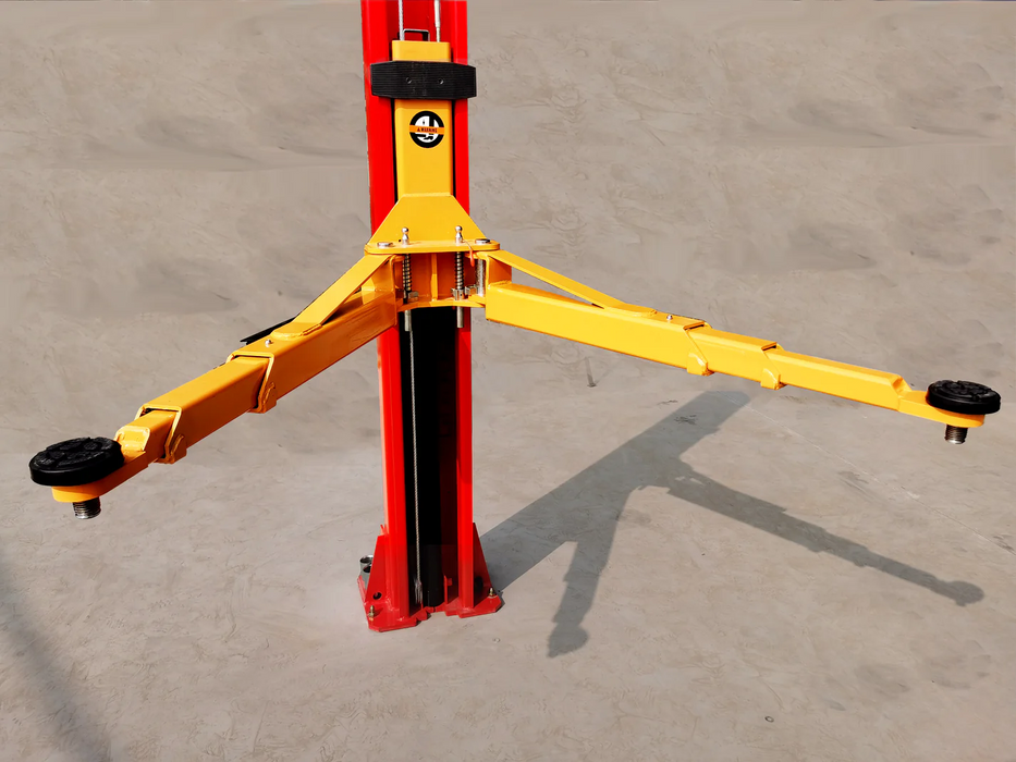 A yellow and black Katool KT-M120 2-Post Car Lift lifting arm with a symmetric design, extended out from the red column and showing the four rubber pads at the end of the arms.