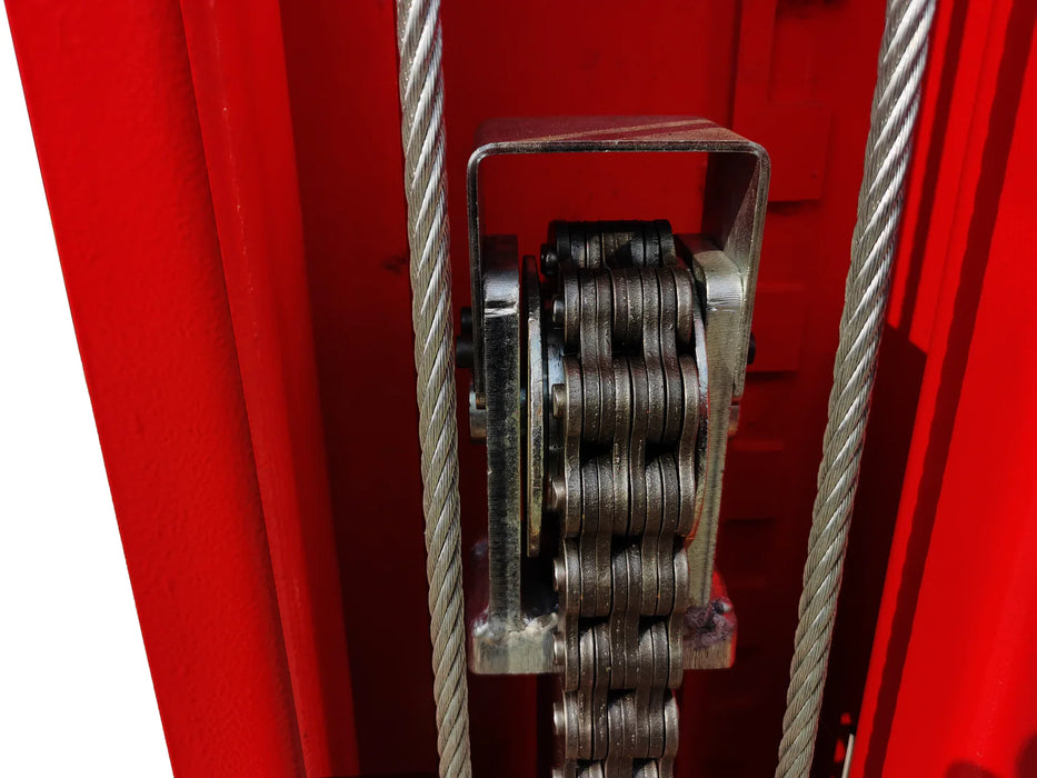 A close-up view of the dual hydraulic chain-drive cylinder on the Katool KT-M120, showing the heavy-duty chain and sprockets in the red column, which drives the lifting mechanism.