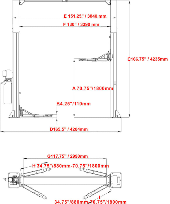 A technical diagram of the Katool KT-M120 2-post car lift with detailed measurements, including overall height of 166.75 inches and lifting height of 70.75 inches.