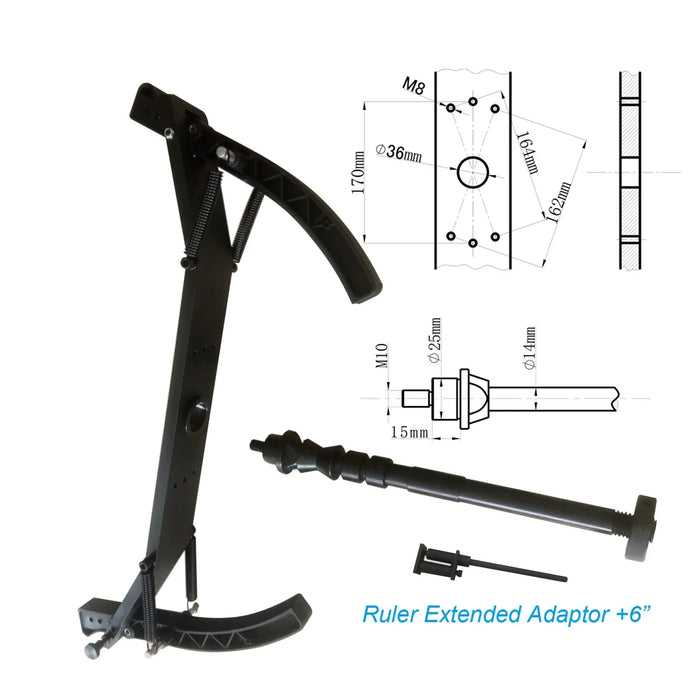 A view of the Katool Motorcycle Wheel Balancer Adapter laid out, with a technical diagram of its parts, including measurements in millimeters, and the text "Ruler Extended Adaptor +6" to clarify its purpose.