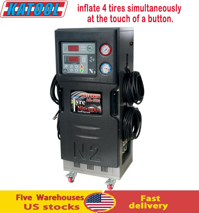 A black and gray Katool KT-N80 Tire Nitrogen Generator with a handle on top and caster wheels. The front panel has a large digital display and several analog gauges, and text on the overlay reads "inflate 4 tires simultaneously at the touch of a button" and "Five Warehouses US stocks Fast delivery".