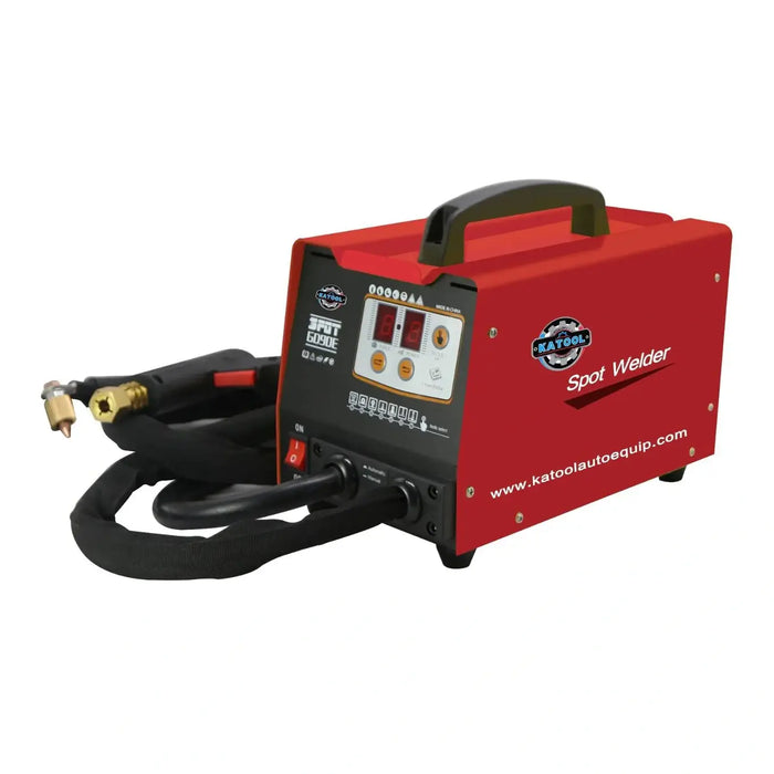 A red and black Katool PRO Spot Welder Dent Puller with a handle and control panel. The machine has a visible welding gun attached by a hose and a "Spot Welder" label.