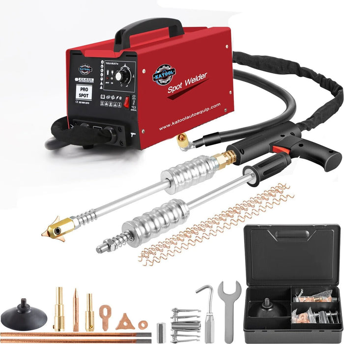 The Katool PRO Spot Welder Dent Puller shown with its complete tool kit, including the welding gun, two dent-pulling hammers, various dent-pulling accessories, and a portable storage case.