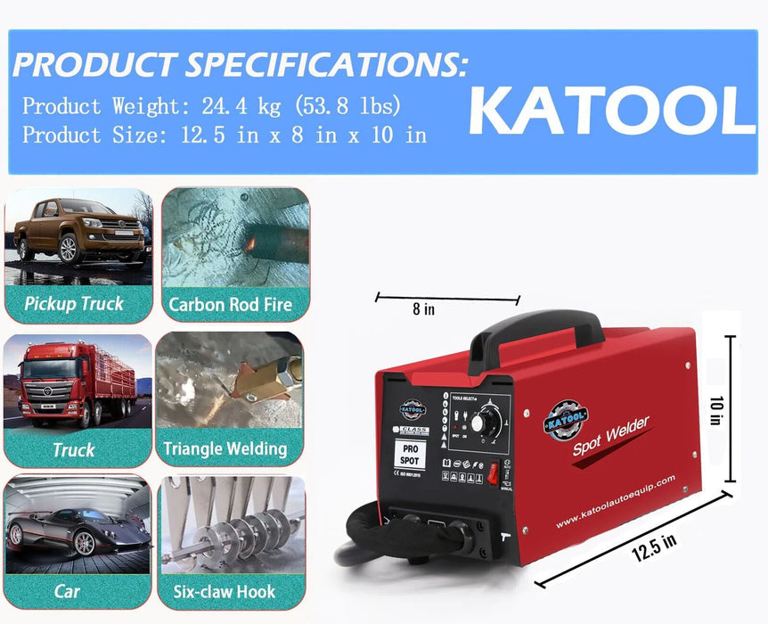 The Katool PRO Spot Welder Dent Puller with a product specifications overlay showing its dimensions of 12.5 inches x 8 inches x 10 inches and weight of 53.8 lbs. Surrounding images show its uses for pickup trucks, cars, and other metalwork.