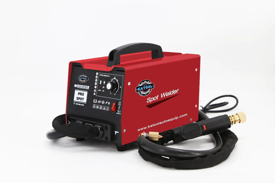 A close-up of the Katool PRO Spot Welder Dent Puller, highlighting the red control panel with its various dials for adjusting power and selecting from 7 work modes. The welding gun with an attached hose is also visible.