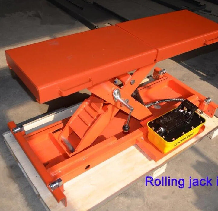 An orange KT-RJ50 Rolling Jack on a wooden pallet, with the control box visible, and "Rolling jack" text highlighted below the product.
