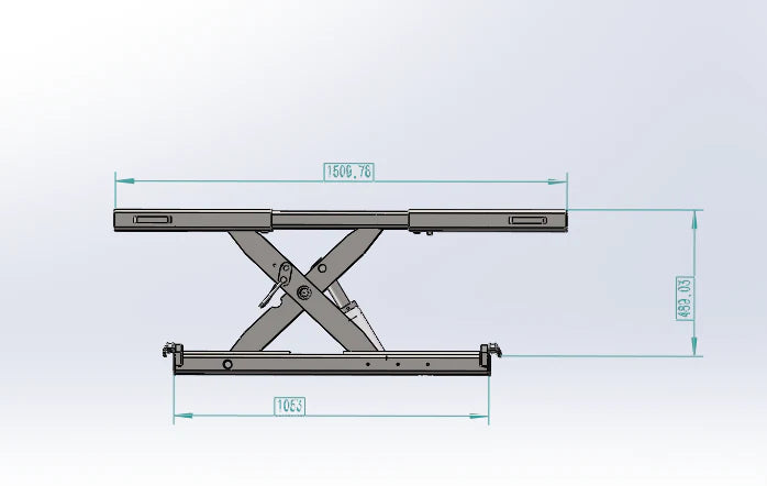 A side view technical drawing of the Katool KT-RJ50 Rolling Jack in an elevated position, with the scissor mechanism fully extended and a 1250mm length measurement visible.