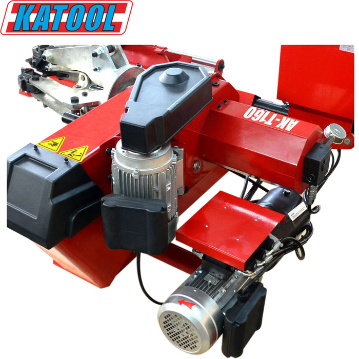 The full body of the red Katool Four-Post Vehicle Lift Tire Changer Machine 11,000lbs KT-T160 on a white background, showcasing its complete assembly, including the long sliding track and heavy-duty frame.