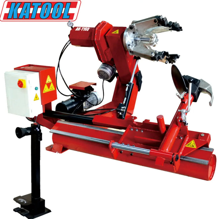 A full view of the red Katool Four-Post Vehicle Lift Tire Changer Machine T160 11,000lbs KT-T160, with two inset close-ups highlighting the robust clamp and the powerful bead breaker arm for handling large tires.