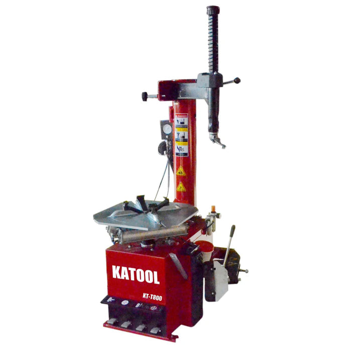 A full view of the red Katool Wheel Clamp Tire Changer Machine KT-T800, showcasing its durable construction, central turntable, and vertical clamping post