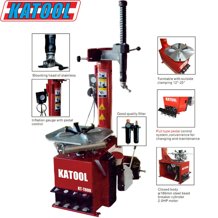 A red Katool Wheel Clamp Tire Changer Machine KT-T800 with insets highlighting its major components: the mounting head, tire inflation gauge, foot pedals, turntable, pull type pedal, quality filter and bead breaker cylinder for easy operation