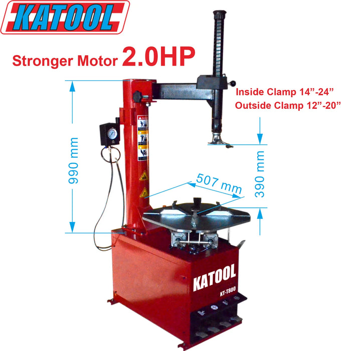 A technical line drawing of the red Katool Wheel Clamp Tire Changer Machine KT-T800, featuring key measurements in millimeters and highlighting its "Stronger Motor 2.0HP" and outside (14"-24") and inside (12"-20") clamp range.