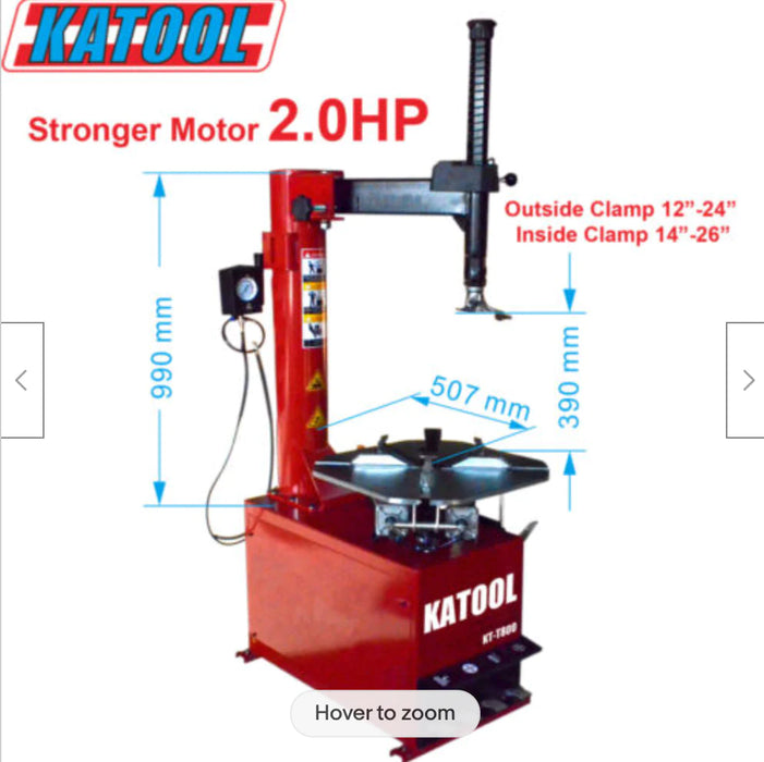 A detailed view of the red Katool Wheel Clamp Tire Changer Machine KT-T800, with text overlays showing its "Stronger Motor 2.0HP" and precise clamping capacities for "Outside Clamp 12"-24"" and "Inside Clamp 14"-26"
