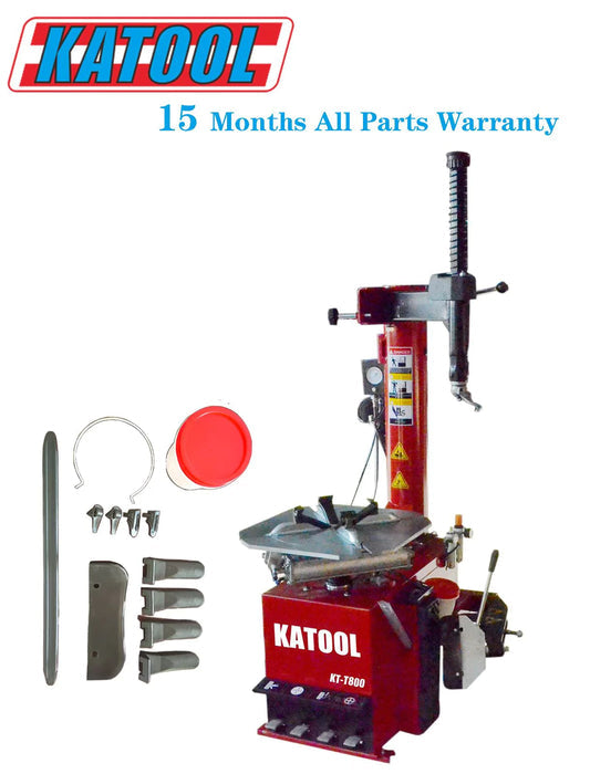 The red Katool Wheel Clamp Tire Changer Machine KT-T800, displayed alongside a full set of accessories and components, with a prominent text overlay specifying a "15 Months All Parts Warranty