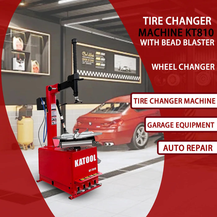 The Katool KT-T810 tire changer in a red and black garage, with text overlays of "TIRE CHANGER MACHINE KT810 WITH BEAD BLASTER" and "GARAGE EQUIPMENT, AUTO REPAIR," next to a red car.